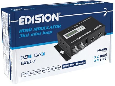 EDISION HDMI Modulator 3in1 mini loop, Modulatore HDMI a Terrestre DVB-T, ISDB-T o Cavo DVB-C, Distribuzione Full HD su Cavo Coassiale, H D M I -OUT, RF-in, Mini formato, Display LED, Plug & Play