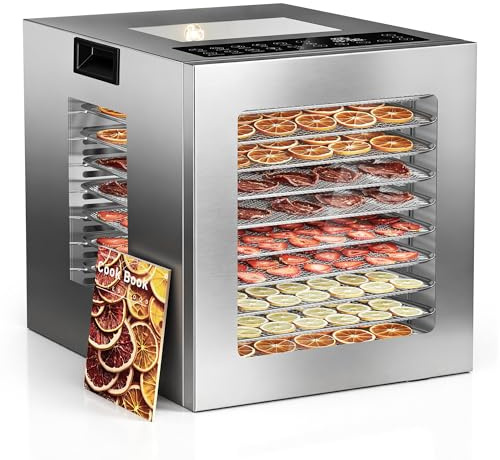 TRIUMPHKEY Dörrautomat Edelstahl – 10 Edelstahl-Tabletts, variable Temperaturkontrolle, 48h Timer, 10 Presets, 850W, für Beef Jerky, Obst, Gemüse & Kräuter, inkl. Rezeptbuch mit 67+ Ideen