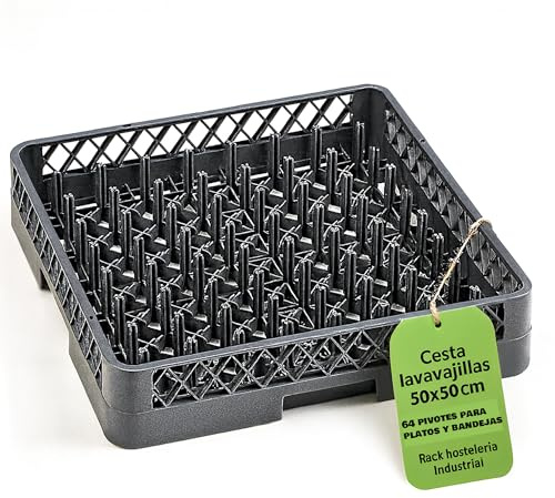 CUBETAS GASTRONORM ® Cesta Lavavajillas Industrial 50x50 Cm Platos Vasos Tazas Bandejas 64 Pivotes Apilable Polipropileno Gris Rack Secado Hosteleria Cocina Profesional Bar Catering Buffet Hoteles