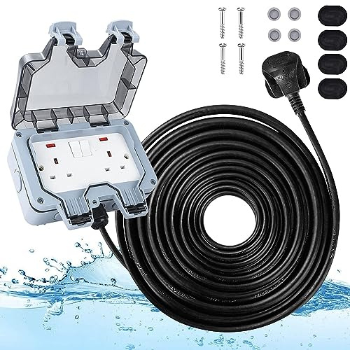 Weatherproof Outdoor Socket Waterproof Double Socket 5M Extension Lead IP66 Switched Wall Electrical Outlet 2 Gang Power Socket,Garden Outside Plug Sockets Cover Box (25m)