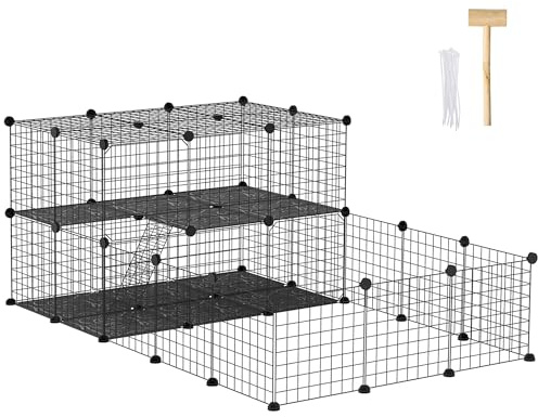 PawHut Pet Playpen with Door, 33 Panels Guinea Pigs Metal Mesh Cage, Customizable Rabbit Run Fence for Small Animal, Chinchilla, for Indoor and Outdoor Use, with Mallet, 175 x 105 x 70 CM, Black