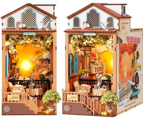 Rolife Sunset Isle Book Nook Kit Maquette Adulte avec Lumières, 246 Pcs | Maison Miniature à Construire DIY, Puzzle 3D en Bois Booknook Japonais, Serre-livres, Décor de Bibliothèque, Cadeau Créatif