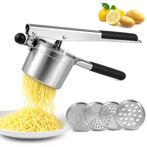 440 ml rostfritt stål potatispress med 4 siktar och silikonhandtag, diskmaskinssäker för puré, spätzle och grönsaksgröt