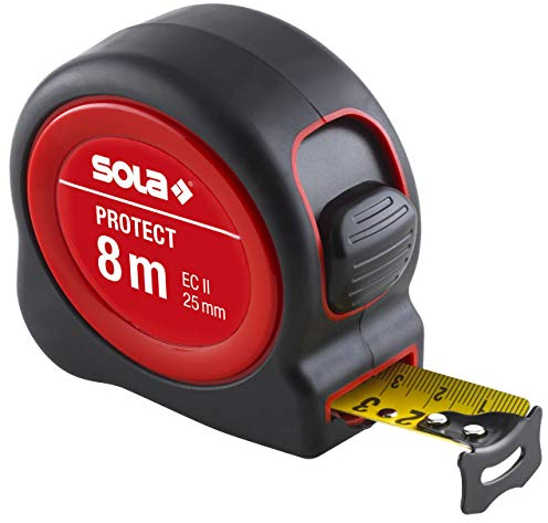 SOLA PROTECT - Bandmaß 8m / 25mm - robustes Rollbandmaß mit Gürtelclip - Stahlband, gelb lackiert mit mm Skala - Genauigkeitsklasse II - Rollmeter mit beweglichem Endhaken - Länge 3m, 5m, 8m