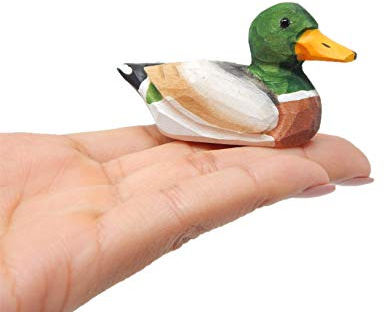 Selsela Small Mallard Wooden Duck Figurine - Drake/Male, Green Head, Hand-Made, Carving, Decoration, Decoy, Small Animals, Duck Lover