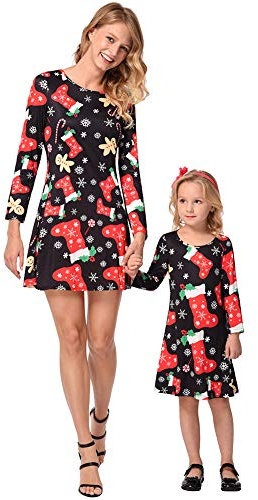 FYMNSI Weihnachten Mutter Tochter Partnerlook Kleid Damen Mädchen Langarm Weihnachtskleid Minikleid Weihnachtssocken Gedruckt A-Linie Festkleid Mama Baby Passend Familie Kleidung Abendkleid 2-3 Jahre