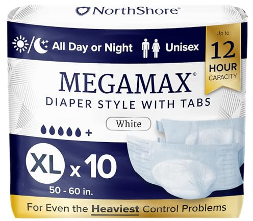 NorthShore MegaMax - Pannolini per adulti HBL per 12 ore per perdite di vescica pesante, XL, 10 pezzi, bianco, 127-152,4 cm, biancheria intima per incontinenza con linguette, per uomini, donne e