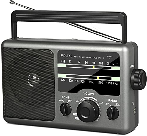 AM FM Portable Radio Battery Operated by 4X D Cell Batteries Or AC Power Transistor Radio with and Big Speaker, Standard Earphone Jack, High/Low Tone Mode, Large Knob