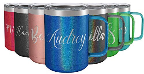 Tasse à café personnalisée de 425,2 g avec couvercle résistant aux éclaboussures Bleu pailleté Gravure personnalisée Tasse cadeau Mug isotherme en acier inoxydable