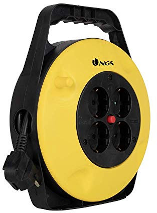 NGS GRIDROUND - Prolunga Elettrica con 10 Metri di Cavo e 4 Prese Schuko con Disgiuntore Termico di Protezione, Avvolgicavo con Presa e Spina 250V 3500W