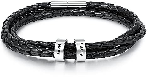 ALBERTBAND Herren Armband Personalisierte Armband mit Gravur Geburtssteine Silber Leder Armband Freundschaft Familie Geschenke Silber Charm Armband