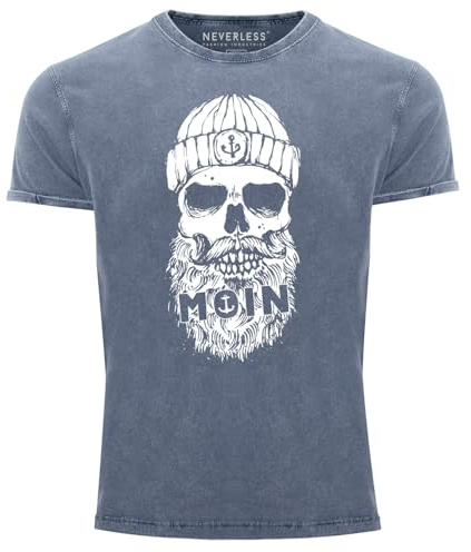 Neverless® Herren Vintage Shirt Moin Totenkopf Anker Skull Printshirt T-Shirt Aufdruck Used Look Slim Fit Blau L