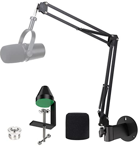 YOUSHARES MV7 Wall Mount Boom Arm Stand with Mic Windscreen and Table Mount Clamp, Mic Stand Arm with Pop Filter Compatible with Shure MV7 Microphone