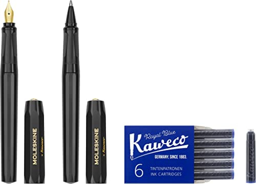 Moleskine x Kaweco, Penna Stilografica in Plastica ABS con Pennino Misura M Placcato in Oro e Penna a Sfera Ricaricabile, Ricaricabile con 1,0 mm di Inchiostro Blu, 6 cartucce Incluse, Colore Nero