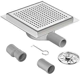 Neodrain Duschrinne Quadrat Edelstahl Bodenablauf Dusche 20 x 20 cm mit 360° Siphon, Geruchsverschluss, Haarsieb Ablaufrinne Duschablauf