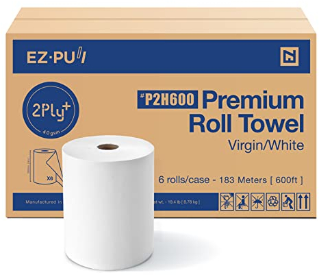 EZbrnd EZ-Pull Premium - Rollo de papel de toalla de mano de 2 capas, blanco, 6 rollos x 600 pies, núcleo universal de 8 x 1.5 pulgadas, P2H600