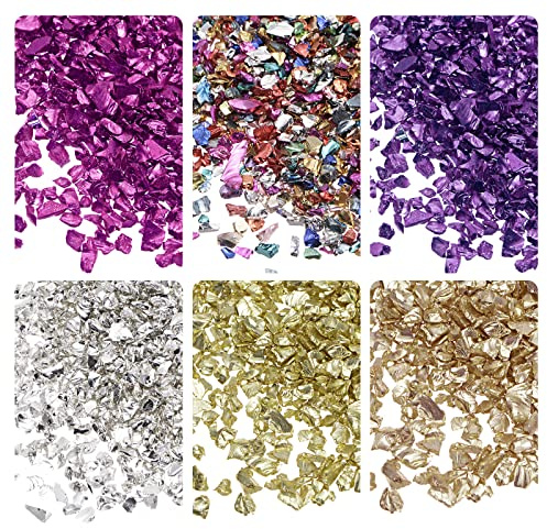 sourcing map 6 Farben 28 g Crushed Glass Chips 1-4mm | golden Farbtone violette Farbserie, Unregelmäßiges Glitzer-Metallic-Glas, Zum Basteln DIY Vasenfüller Epoxidharz-Dekoration
