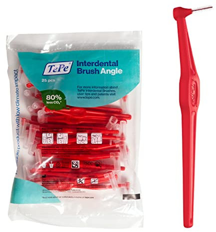 TePe Interdentalbürste Winkel, abgewinkelte Zahnbürste zur Zahnreinigung, 25 Stück, 0,5 mm, extra kleine/kleine Lücken, Rot, Größe 2