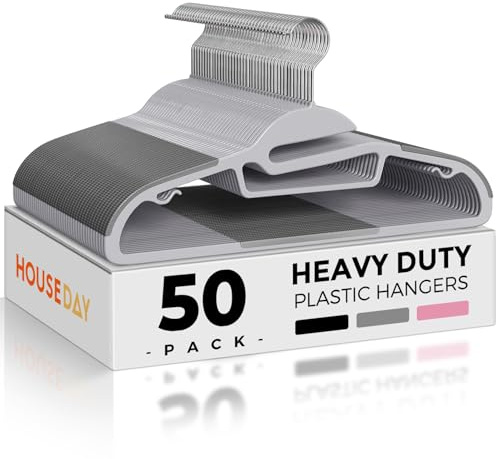 HOUSE DAY Grey Plastic Hangers 50 Pack, Slim Space Saving, Non Slip Hangers with Rubber Pads, Sturdy Heavy Duty Coat Hanger for Closet, S-Shaped Clothes Hanger for Shirt, Suit, Pant, Skirt