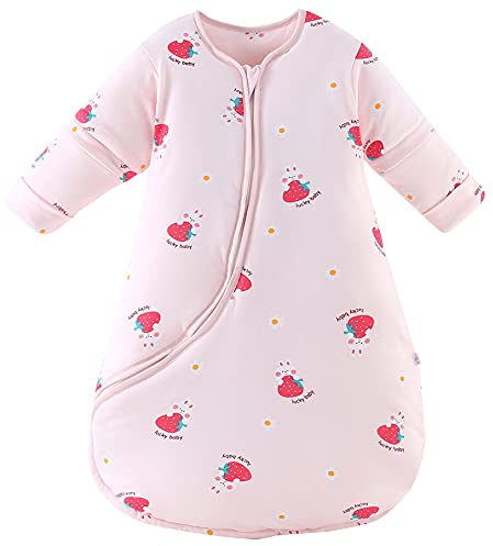 Chilsuessy Baby Schlafsack Winter mit abnembar Langarm Wattiert Babyschlafsack Kleine Kinder Ganzjahres Schalfsack Schlafanzug für Mädchen Super Soft, Erdbeere Kaninchen/3.5 Tog, 75-90 cm