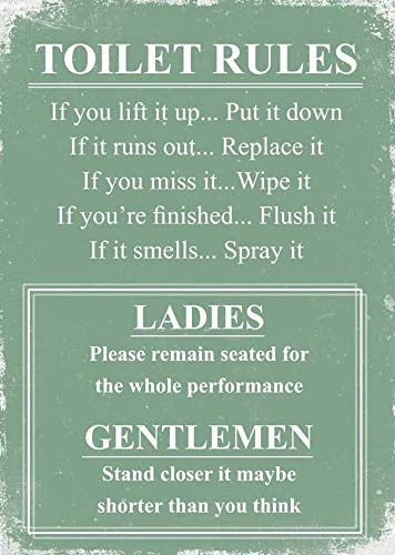 Targa in metallo con scritta Toilet Rules Regole Toilette Verde, Placca Insegna Da Parete, 20 x 30 cm
