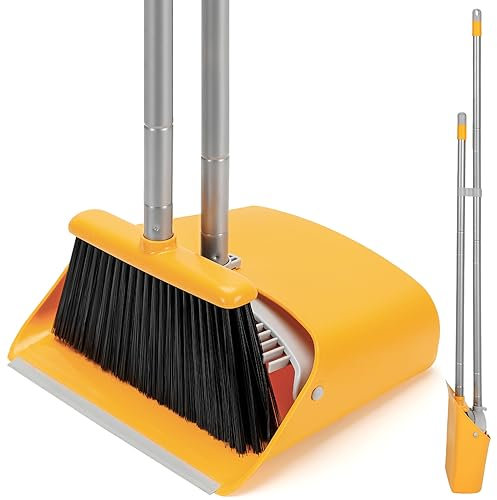 SONCAL Broom and Dustpan Set with Long Handle 52, Standing Broom and Dust Pan Set for Home Kitchen Room Office Lobby Yellow