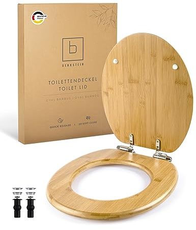 Benkstein® Tapa de inodoro con descenso suave de bambú, antibacteriano, liberación rápida para una fácil limpieza, fácil montaje, resistente y sostenible, tapa de inodoro de madera, extraíble