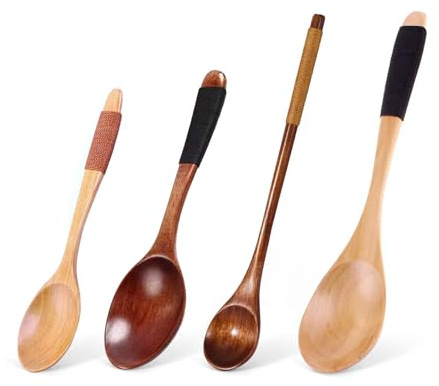 Holzlöffel Set, Multifunktionaler Japanischer Kochlöffel, Kaffeelöffel, Gewürzlöffel, Suppenlöffel, Honiglöffel, Umweltfreundliches Besteck aus Naturholz (4 Stück)