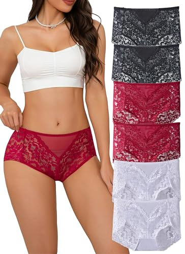 Hialegion sous-vêtements en Dentelle pour Femmes Taille Haute Sexy Bikini Culotte Trace Hipster Cheekster Blanc sous-vêtements 6 Pack L