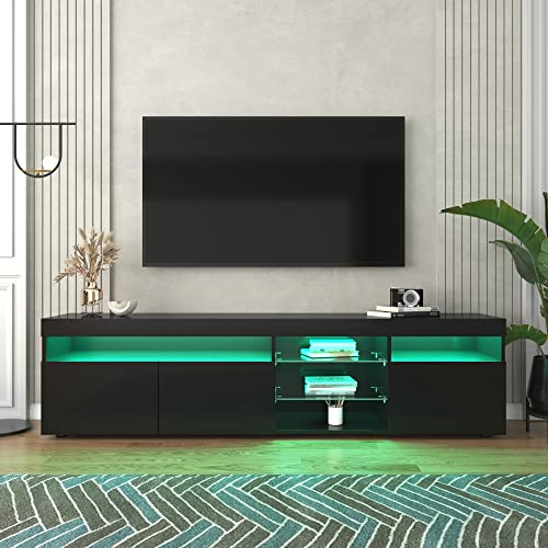 Kayan Moderner TV Schrank, Fernsehtisch mit 3 Schließfach und 5 offenes Regal, 180cm lang, Helles Panel, LED-TV-Lowboard für Wohnzimmer und Esszimmer (Schwarz)