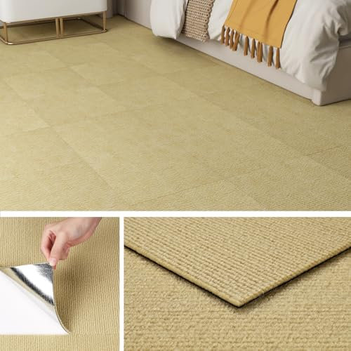 Livelynine Self Adhesive Carpet Tiles Beige Peel and Stick Carpet Tiles for Bedroom Hallway 30x30CM Carpet Squares Tiles Light Brown Heavy Duty Carpet Tiles for Office Commercial Apartment, 4 Tiles
