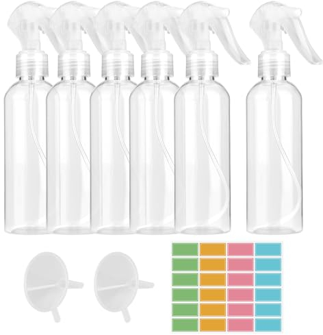 AILUYA 6 stück 200ml Sprühflasche, Fine Mist Spray Bottle mit 24 Etiketten und 2 Trichtern, PET Zerstäuber Sprühflasche, Wassersprühflasche für Hausreinigung, Garten, Friseur, Pflanzen, Blumen