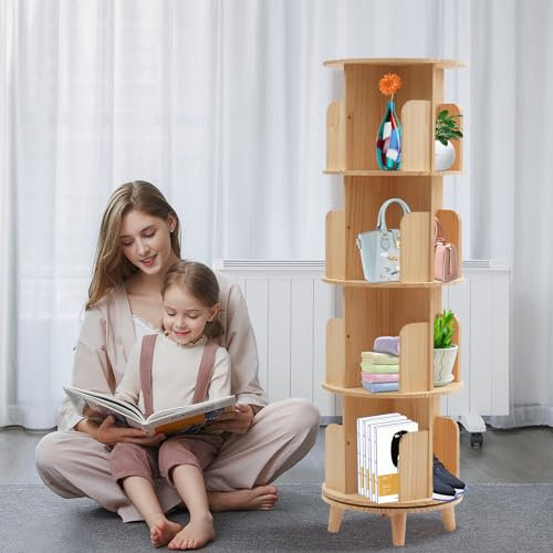 Estantería de madera giratoria de 4 niveles, estantería para libros, estantería giratoria para zapatos, torre de libros para niños y adultos, con patas de apoyo, para libros, pantallas, plantas en