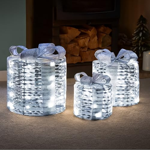 Marco Paul Light Up Present Boxes with Warm White LED Lights - Set of 3 Silver Faux Pre-Lit Christmas Decorations with Timer Function - Battery Powered Festive Home Decor Gift Boxes for Tree & Table