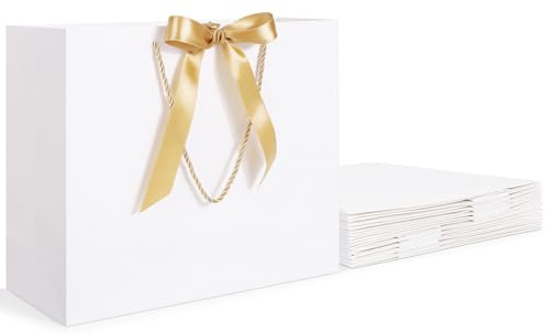 EUSOAR Geschenktüte Groß - 10 Stück Weiß Papiertüten mit Henkel - 230GSM Geschenktaschen mit Schleifenband - 32x11.5x28cm L Gift Bags Papier Tüten Weiß - Geschenktüten Hochzeit Geburtstag