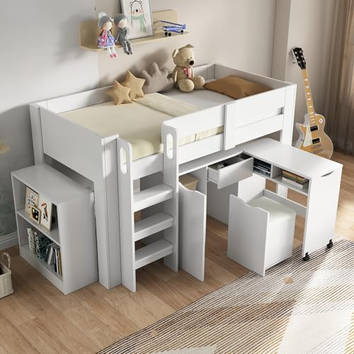 Kinderbett Etagenbett 90x200, Hochbett mit Teleskopschreibtisch&herausnehmbarem Schrank&Schubladen, Einzelbett Funktionsbett Jugendbett Bettgestell mit Rausfallschutz&Lattenrost,Ohne Matratze, Weiß