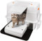 Vivifying Enclosed Stainless Steel Cat Litter Box with Lid, High-Sided, Removable and Metal Leak-Proof Stainless Steel Cat Litter Tray with Scoop, Steps and Mat (Beige)