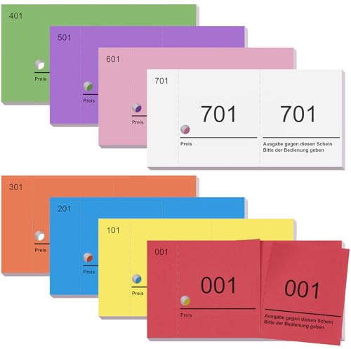 Nezyo Doppelnummern Blöcke 1-800 Lose Nummernblöcke Garderobenmarken Essensmarken Pfandmarken Großpackung Zahlenblöcke für Ausstellung Events Quittungsblöcke Raffle Ticket für Party Verlosungen(Bunt)