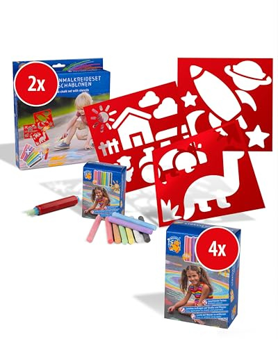 PUSTEFIX 2x MALEFIX Schablonenset Adventure + 4x Nachfüllpack 18er Kreide I Leuchtende Straßenkreide Farben mit Schablone I Einfach mit Wasser zu entfernen I Für Kinder & Erwachsene