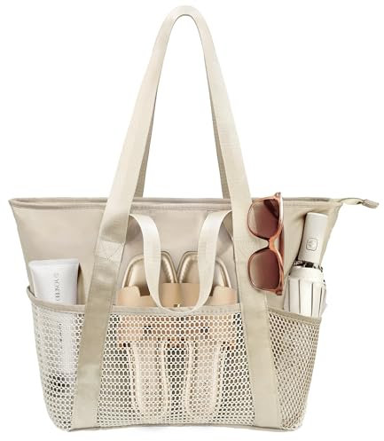 beifon Strandtasche XXL Familie mit Reißverschluss, Strandtasche Damen Große Wasserdicht Faltbar, Mesh Badetasche Beach Tote Bag Strand Tasche Shopper Sommertasche für Strand Reisen Urlaub Pool