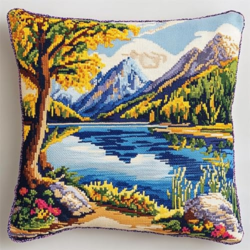 AxiangziK Natürliche Landschaft Knüpfkissen Zum Selber Knüpfen,Waldsee,Knüpfen Set Handgemachte Geschenke Knüpfteppich Für Kinder Und Erwachsene Knüpfset,17x17in