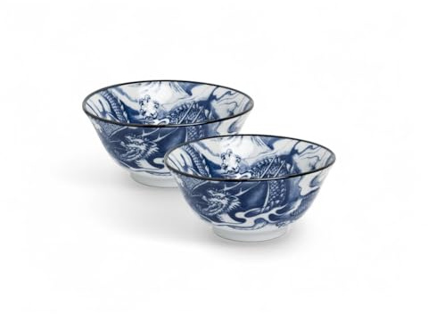 Japan-skålar ASIATICA | Ramen skål porslinsskålar 15 cm | Högkvalitativ asiatisk skål för ris, nudlar, tapas, Udon, müsli – soppskål med japansk design (set om 2 drakgud, blå)