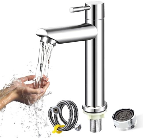 Plstod Rubinetto Solo Acqua Fredda Acciaio Inossidabile, Rubinetto Bagno Lavabo con 60cm Tubo Flessibile, Miscelatore Lavabo Bagno, Rubinetti per Toilette, Cucin