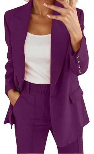 Generisch 2025 Abito da donna in due pezzi con risvolto, tuta da lavoro, a maniche lunghe, con bottoni, giacca formale, tailleur, pantaloni stretti, larghi, da donna, Lilla, L