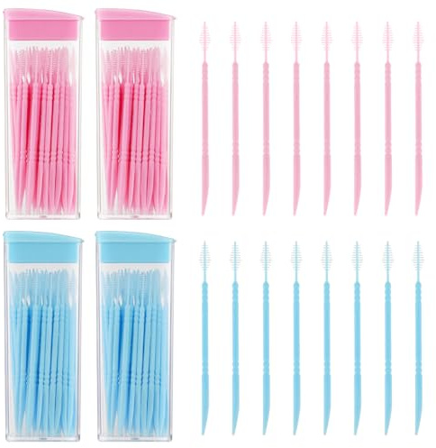 200 stycken tandtråd med dubbla huvuden i plast, interdental tandpetare, borste, tandborstar, tandrengöringsverktyg, bärbar tandpetare för munvård (blå, rosa)