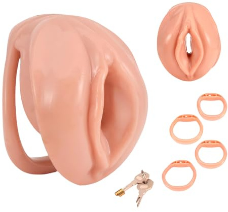 Jouet Adulte Cage de Chasteté pour Pénis avec Mini-Serrure et 4 Anneaux Différents Sex Toys Homme Sissy Chastity Cage Man Légère en Résine et Silicone avec Ceinture pour Attacher le Pénis (Complexion)
