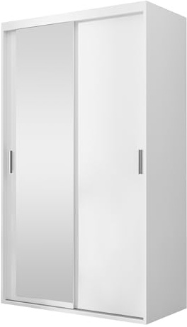 Mirjan24 Kleiderschrank Olasio, Schwebetürenschrank mit 2 Kleiderstangen und Einlegeböden Schiebetürenschrank Schlafzimmerschrank Garderobe für Diele Flur (Weiß + Spiegel, 120 cm.)
