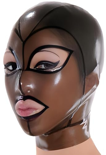 IOKUKI Latexmaske für Unisex,Transparent Schwarz Gummimaske mit Reißverschluss hinten und Gesicht linienförmiges Muster