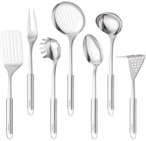 Juego de utensilios de cocina de acero inoxidable, juego de 7 piezas, incluye: cucharón, tenedor de carne, espátula con ranuras, tenedor de pasta, mazapán, cuchara sólida, skimmer