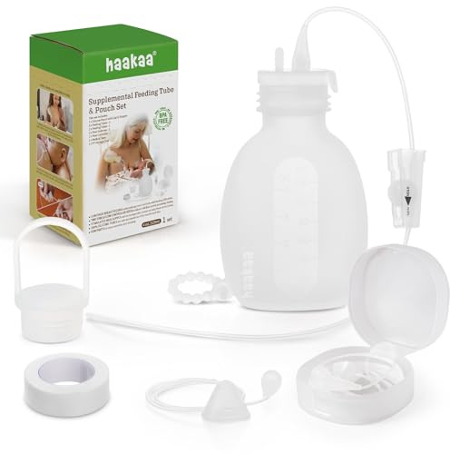 haakaa Sistema de lactancia suplementario para bebés para lactancia, juego de tubo de alimentación de silicona y bolsa, suplemento para el pecho con control de flujo de doble tubo, silicona de grado